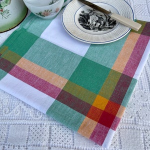 French Vintage Green Check Linen Table Cloth 50ins x 24ins Afternoon Tea Vintage Shabby Chic