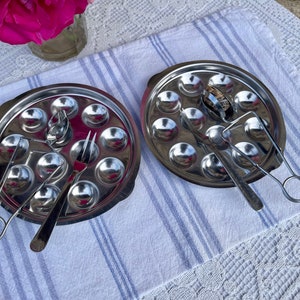 Pair of lovely French Vintage 12 hole, Stainless Steel Escargot Dishes, Pincers and Forks  French Country Kitchen
