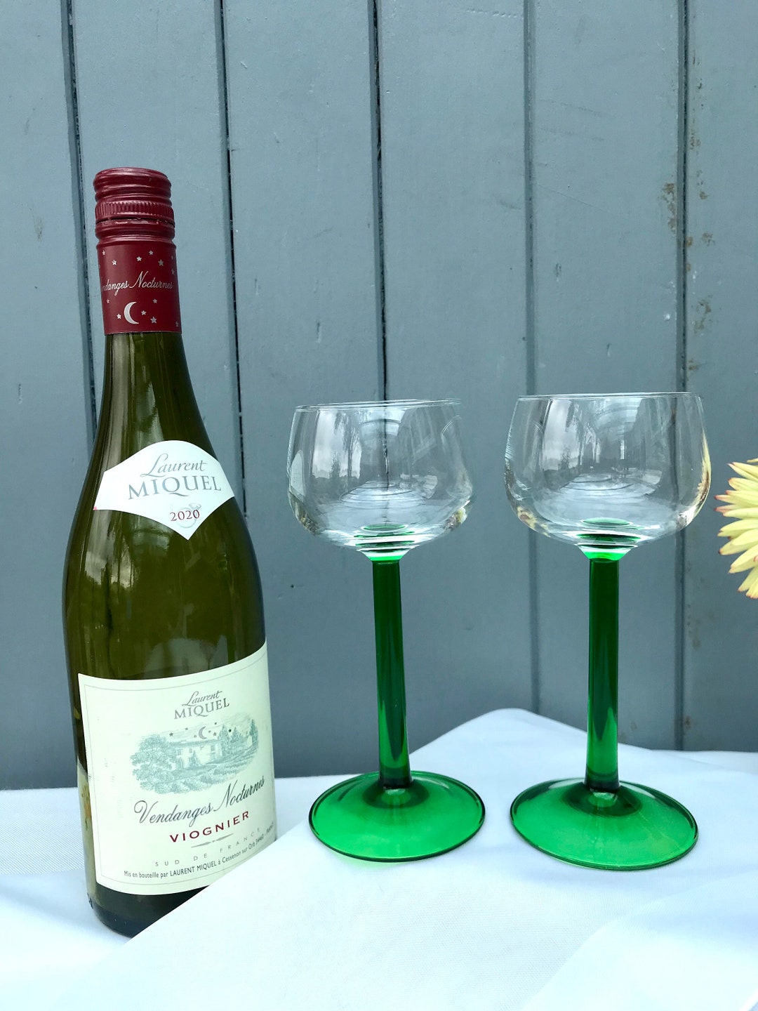 Pair of Tall Green Stem French Vintage Alsace Wine Glasses. French