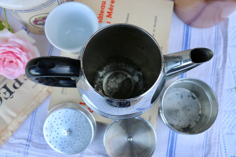 Bakelite handle French Vintage Shabby Chic stainless steel coffee pot and filter Cafetiere Original 1960/'s inox