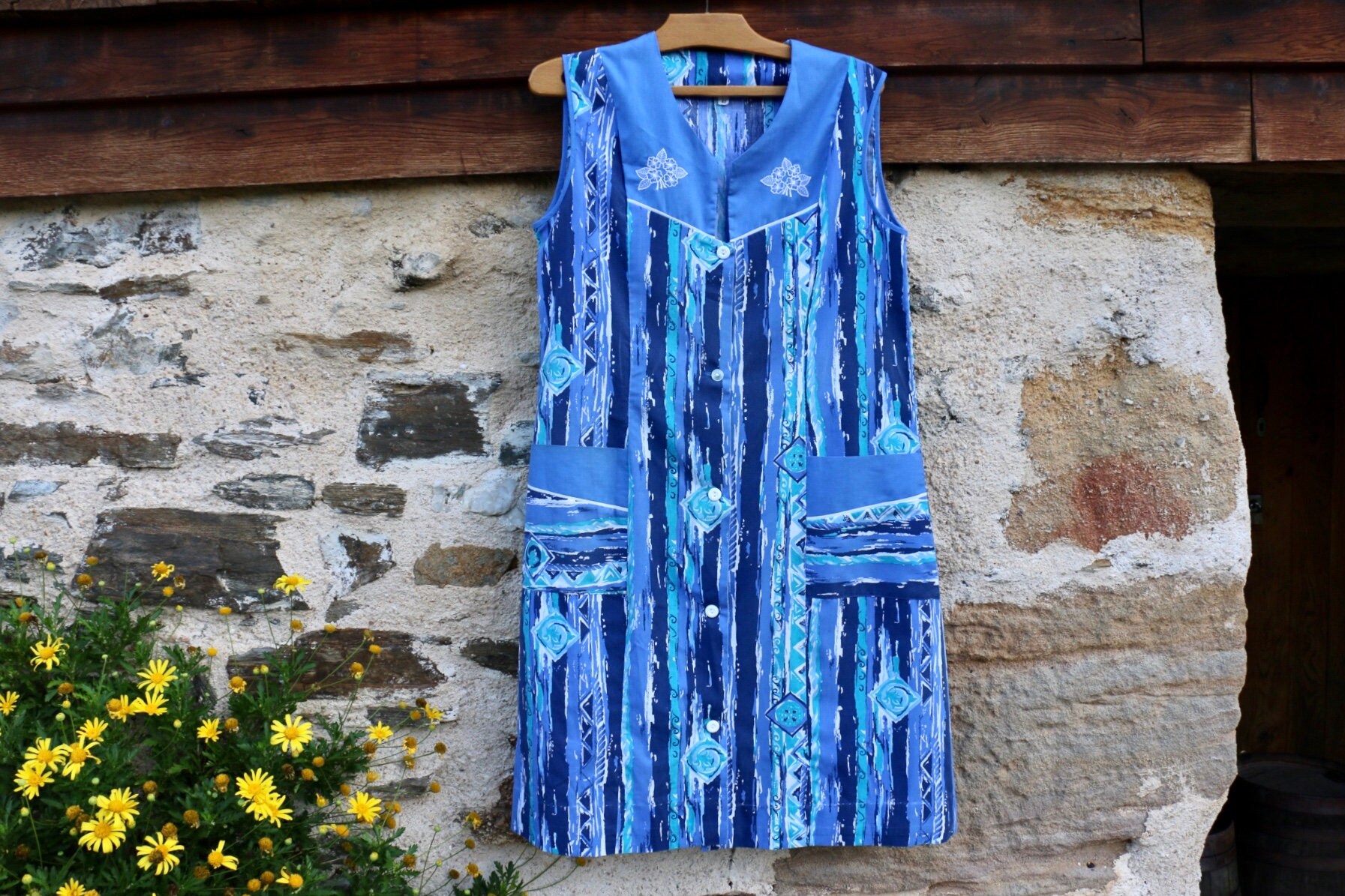 Image of French Vintage House Coat. Blue Print S Housewife Workwear