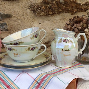 Stunning French Vintage &#39;Moi et Toi&#39; &#39;Nous Deux&#39; Lustre Porcelain Cup and Jug Set              French Vintage Shabby Chic