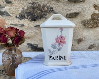 Vintage French Ceramic Flour Jar: 1930s Shabby Chic Farine Canister