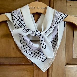 Vintage Pure Silk Scarf. Cream with Purple Squares Border.