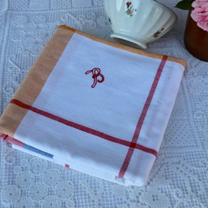 French Vintage 52in Square Check Linen Monogramme B Table Cloth. Afternoon Tea Vintage Shabby Chic