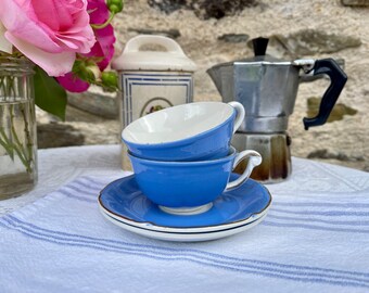 Taza de té/café azul vintage tradicional francesa no coincidente y platillo x 2 French Cafe Bar Chic
