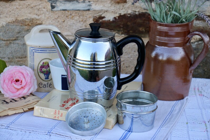 Bakelite handle French Vintage Shabby Chic stainless steel coffee pot and filter Cafetiere Original 1960/'s inox