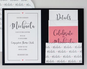 Pink, Black and White Printed Pocket Bat Mitzvah Invitation DEPOSIT