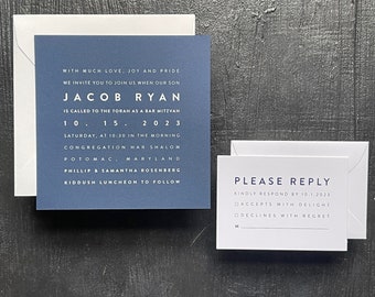 Classic blue, white and gray Bar Mitzvah Invitation  - DEPOSIT