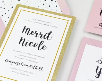 Pink, Black and Gold Glitter Glam Bat Mitzvah Invitation - DEPOSIT