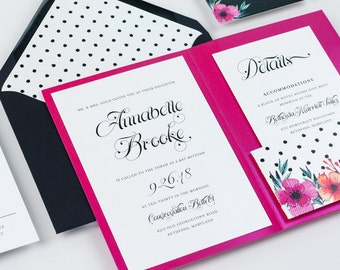 Pink, Black and White Printed Pocket Bat Mitzvah Invitation : DEPOSIT