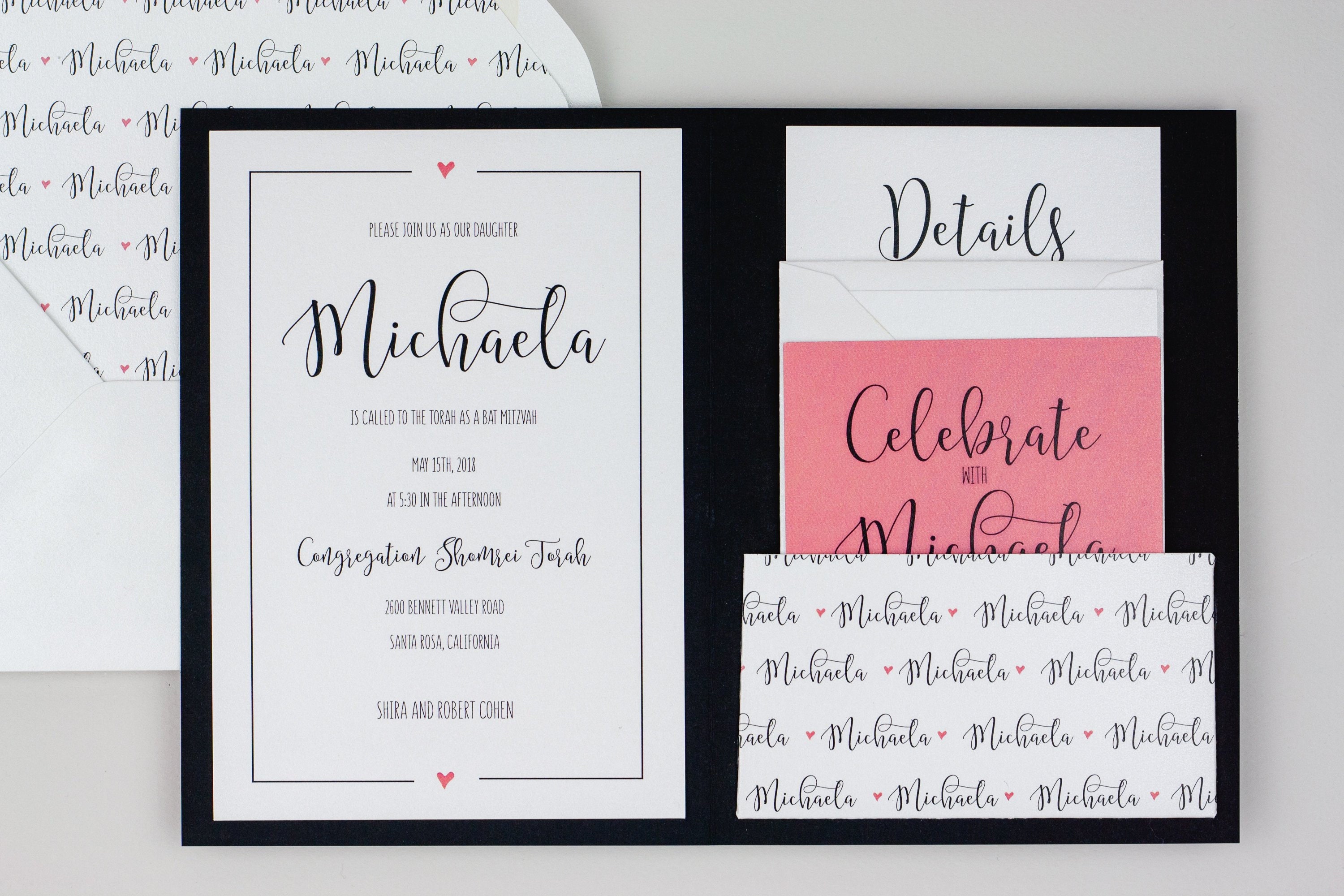 Pink, Black and White Printed Pocket Bat Mitzvah Invitation DEPOSIT - Etsy, image size:3000x2000