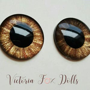 May include: Two brown and gold doll eyes with black pupils. The eyes have a glitter finish.