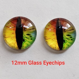 May include: Two 12mm glass eye chips with a yellow, green, and red iris and a black pupil.