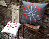 Decorative cushion "Pihlaja" with hand-felted design in merino wool and silk on linen fabric. 