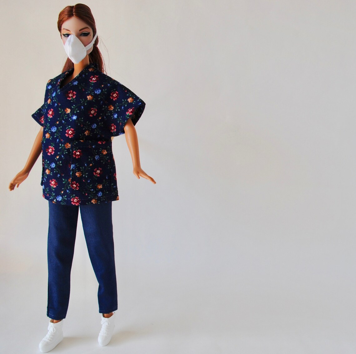 Barbie blue print scrubs uniform with face mask handmade doll | Etsy