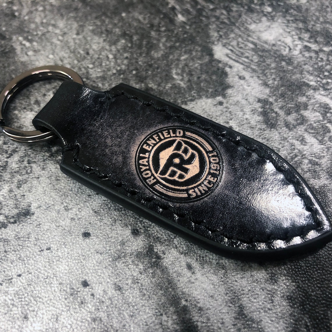 Royal Enfield leather keychain in Vintage Black Embossed Etsy
