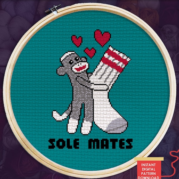 Sole Mates  - Digital art cross stitch pattern Sock Monkey hugging gym sock valentine's day, wedding gift, red heel sock monkey art