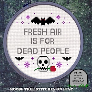 Morbide Podcast - Frisse lucht is voor dode mensen - Spooky Spoopy fan Art - Digitaal kruissteekpatroon 84 x 84 steken of 6 x 6 inch