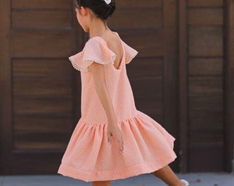 RAYA Dress pdf sewing pattern sewing patterns for toddlers girls summer spring open back drop waist dress ruffle neck butterfly sleeves