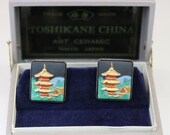 Vintage Toshikane Art Ceramic Tokyo Japan Cufflinks Mens Set Sterling Silver Hand Made Mint in the Original Box c1950s