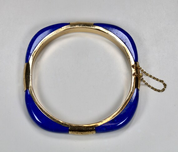 Vintage 14K Yellow Gold Lapis Lazuli Hinge Bangle… - image 3