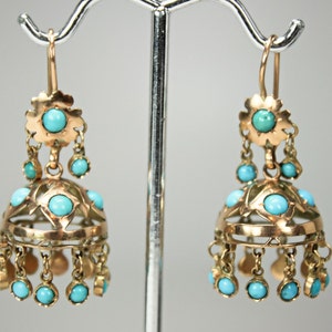 Antique Earrings Victorian Hand Fabricated 12K Yellow Gold Turquoise 3-D Hanging Chandelier Dangle   1+5/8"h x 3/4"diameter c1900s