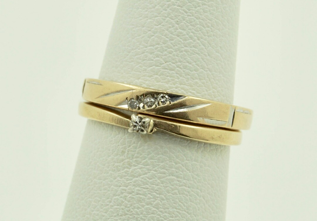 Vintage Ladies 14K Yellow Gold Diamond Engagement Ring Wedding Band Set ...