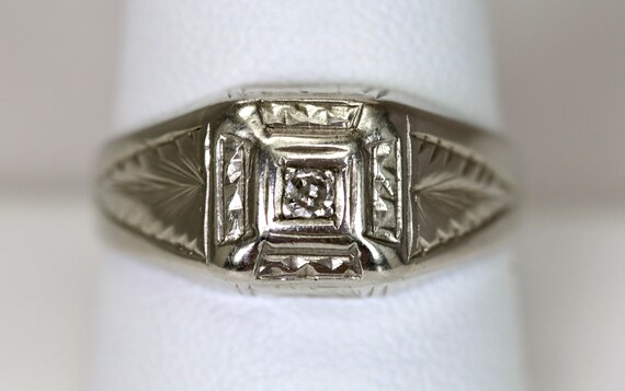 Antique Mens Mans Ring 14K White Gold 0.035 Carat… - image 6