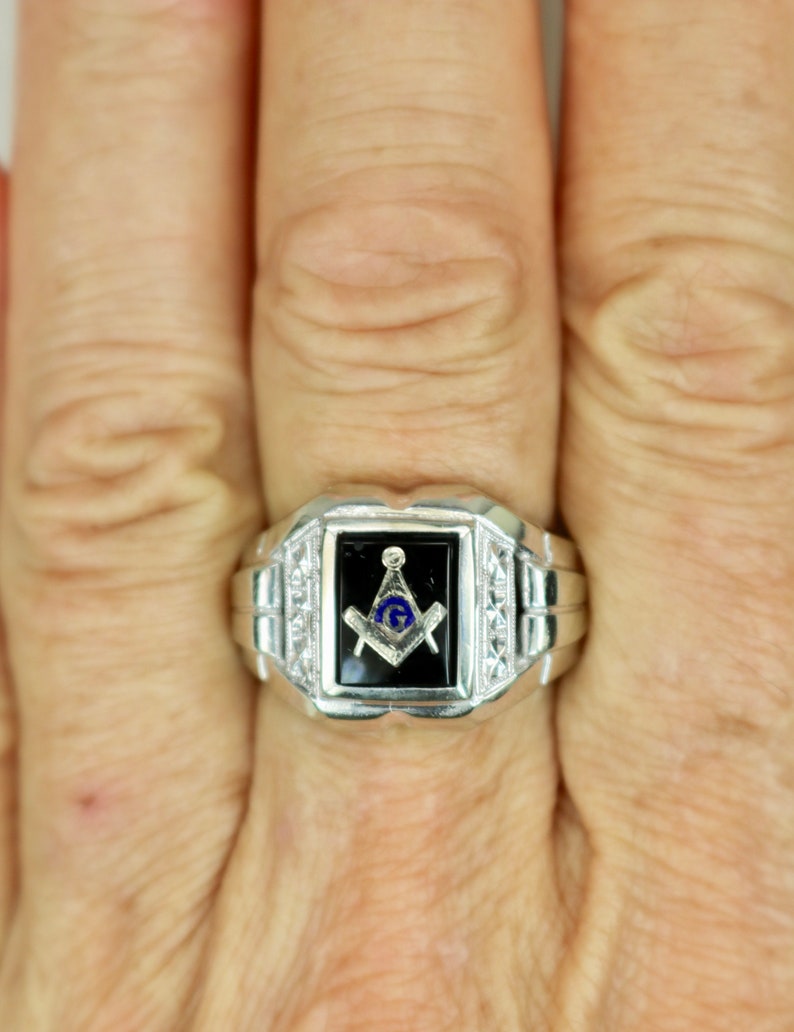 Vintage Hallmarked Mens Ring 10K White Gold Masons Masonic Etsy