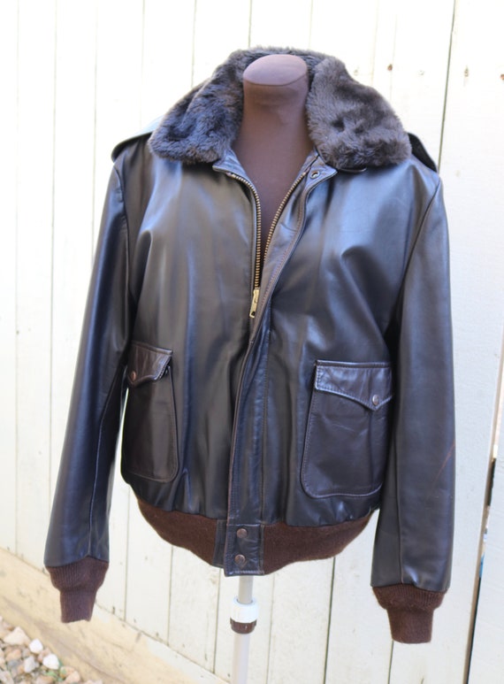 Vintage Mens Brown Leather Bomber Jacket Coat Zip… - image 1