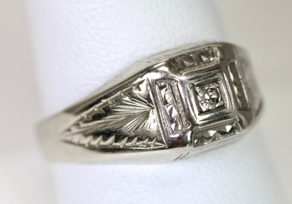 Antique Mens Mans Ring 14K White Gold 0.035 Carat… - image 5