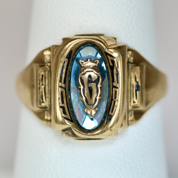 Vintage Ladies Class Ring 10K Yellow Gold Blue Topaz 1978 Hallmarked Josten's Retro Size 7