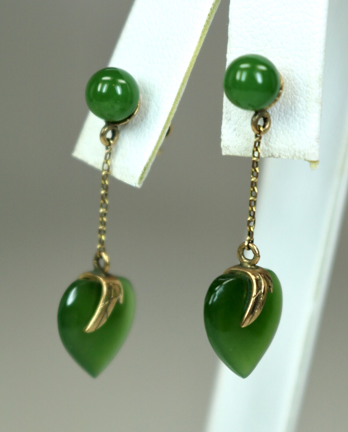 Vintage 14K Rose Gold Earrings with Nephrite Jade Heart Drop | Etsy