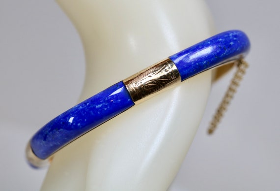 Vintage 14K Yellow Gold Lapis Lazuli Hinge Bangle… - image 6