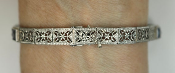 Vintage 10K White Gold Filigree Link Bracelet wit… - image 2