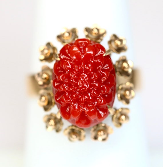 Vintage 14K Rose Gold Ladies Ring Hand Carved Red… - image 6