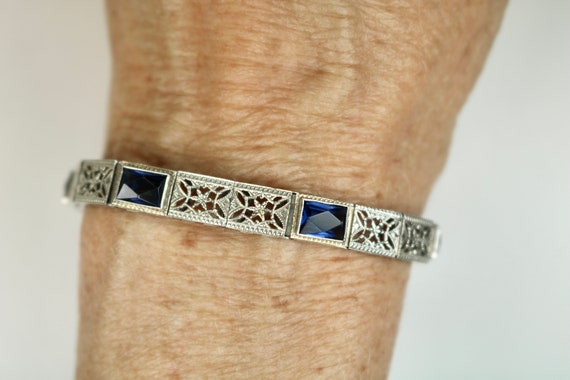 Vintage 10K White Gold Filigree Link Bracelet wit… - image 1