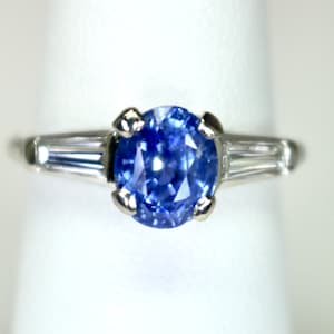 Vintage Ladies Platinum Ring 2.1 Carats Natural Blue Sapphire 0.34ctw Diamond Accents Engagement Statement Size 6 c1940s