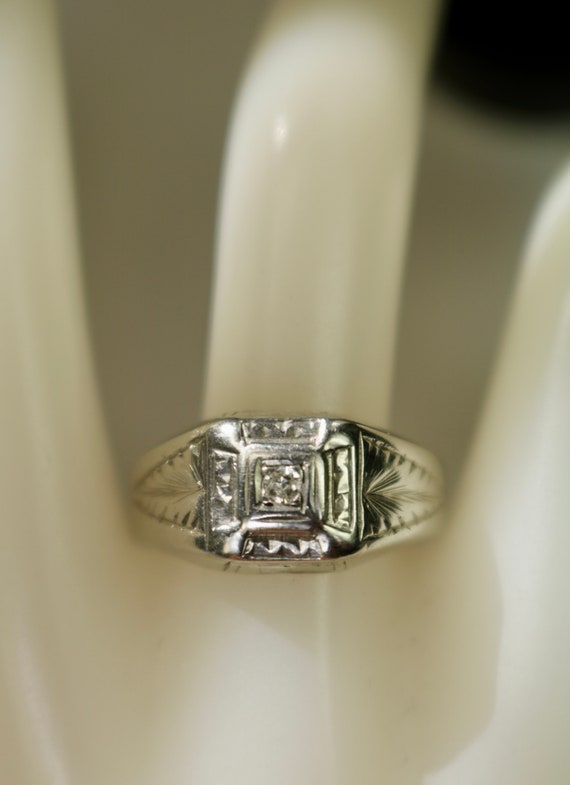 Antique Mens Mans Ring 14K White Gold 0.035 Carat… - image 9