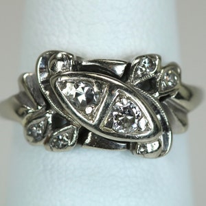 Vintage Art Deco Ladies Ring Band 14K White Gold 6 Diamonds Asymmetric Wedding Band Statement Stack Layer Size 4 c1930s