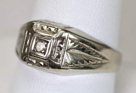 Antique Mens Mans Ring 14K White Gold 0.035 Carat… - image 1