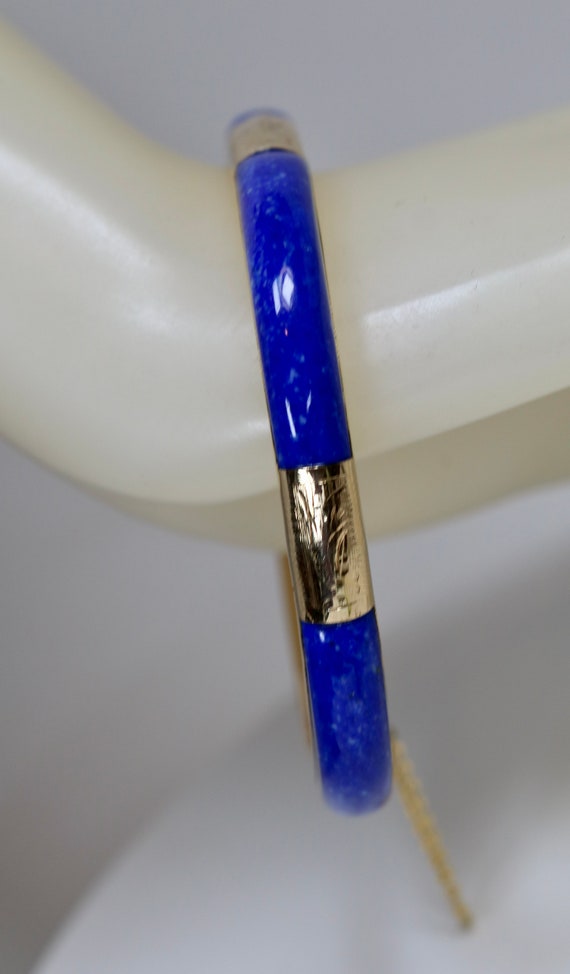 Vintage 14K Yellow Gold Lapis Lazuli Hinge Bangle… - image 8