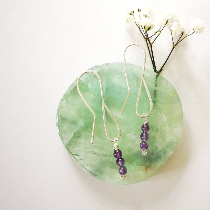 sterling silver purple handmade dangly drop beaded jewellery earrings Boho style 925 Delicate amethyst