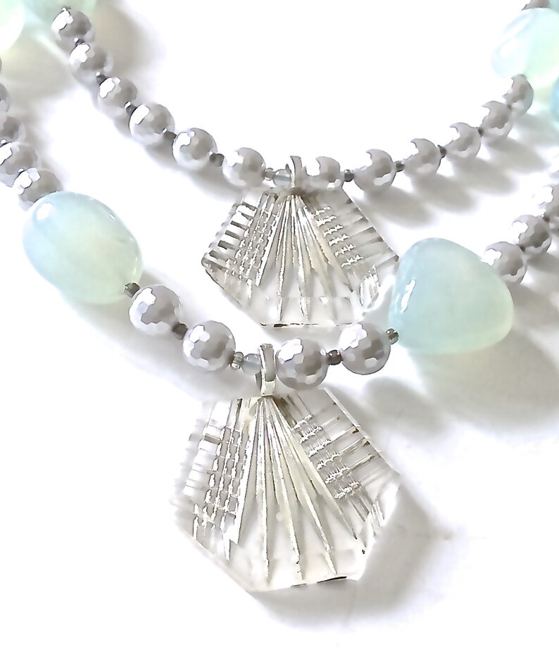 antique Art Deco etched glass Tier necklace chunky gemstones silver pearls