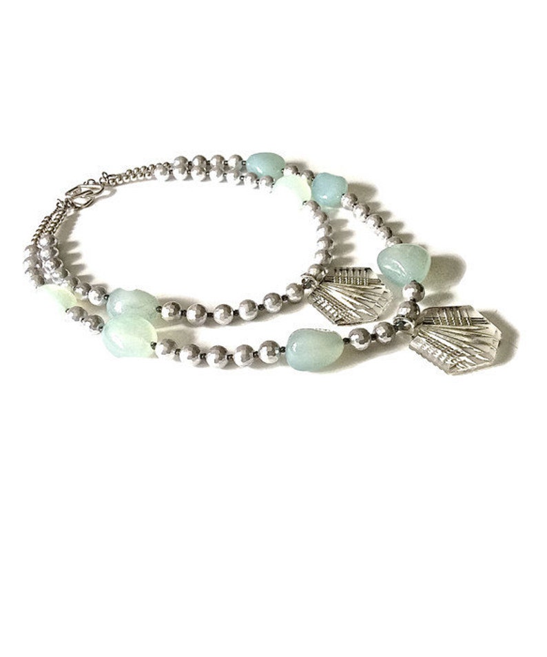 antique Art Deco etched glass Tier necklace chunky gemstones silver pearls