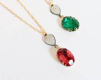 Green crystal chain pendant, sparkly silver stone, Holiday necklace, red pendant vintage Christmas, simple gold chain