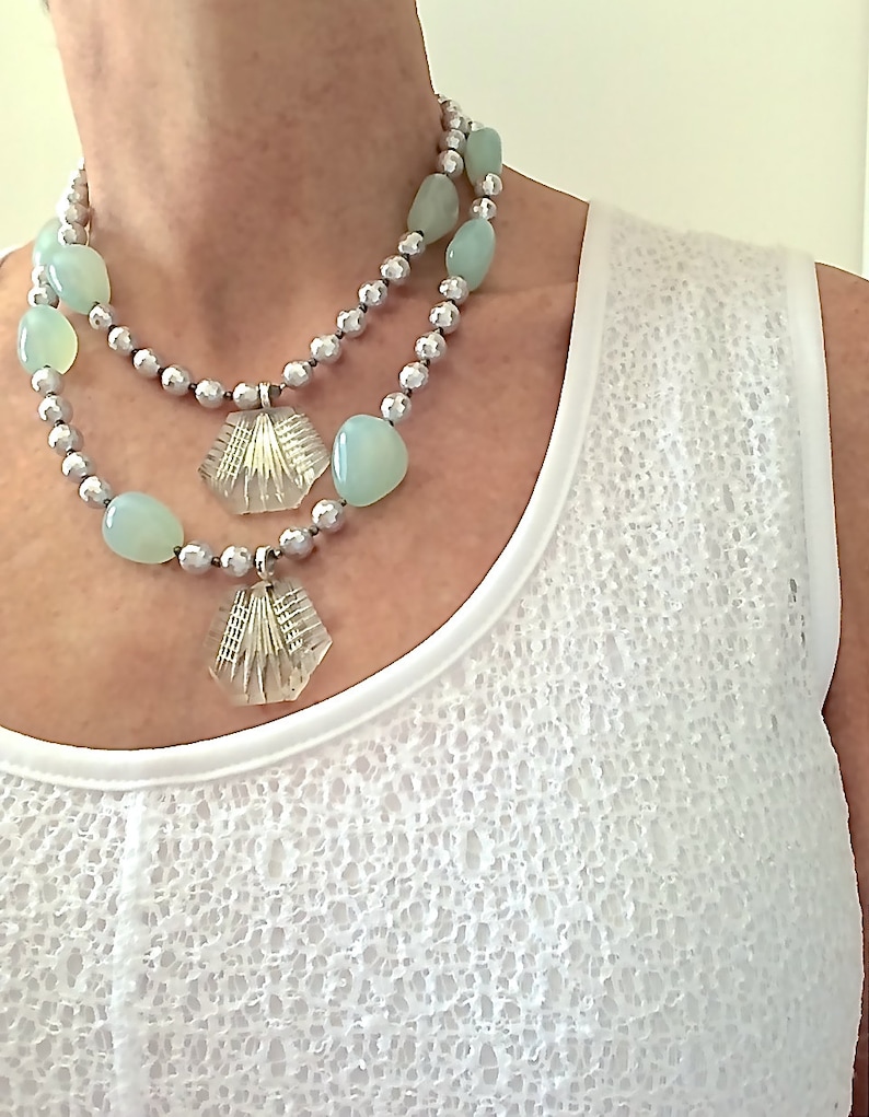 antique Art Deco etched glass Tier necklace chunky gemstones silver pearls