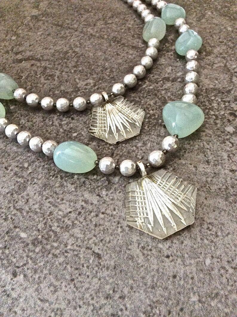 antique Art Deco etched glass Tier necklace chunky gemstones silver pearls