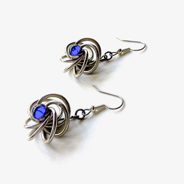 60's dangle earrings silver blue, sapphire glass, September Birthday, sputnik jewelry, Mid Century hip